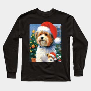 Christmas Lhasa Apso Dog Portrait painting Long Sleeve T-Shirt